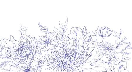 Floral bakground with bouquet of various flowers. Botanical foliage for wedding invitation, wall art or wallpaper. Vector illustrationのイラスト素材