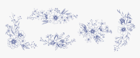 Set of detailed various flowers and foliage, intricate details and delicate forms. Hand drawn vector illustration with elegant botanical elements for invitation, save the date cardのイラスト素材