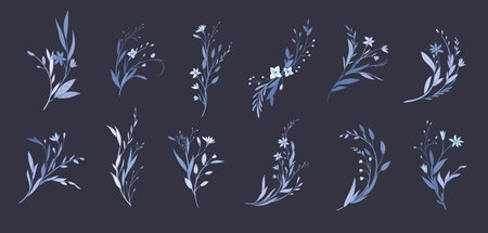 Delicate botanical minimalistic branches with flowers and leaves, intricate bouquets. Set of floral design elements. Vector illustration for invitation, save the date cardのイラスト素材