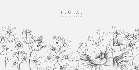Background with detailed various flowers and foliage, intricate details and delicate forms. Hand drawn vector illustration with elegant botanical elements for invitation, save the date cardのイラスト素材