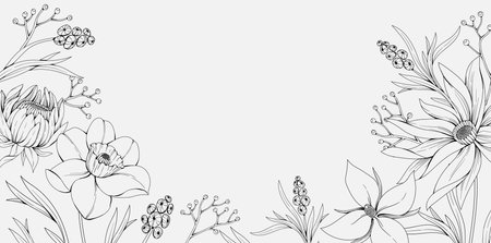 Floral bakground or wallpaper with tender flowers and leaves. Botanical foliage for wedding invitation or wall art. Vector illustrationのイラスト素材