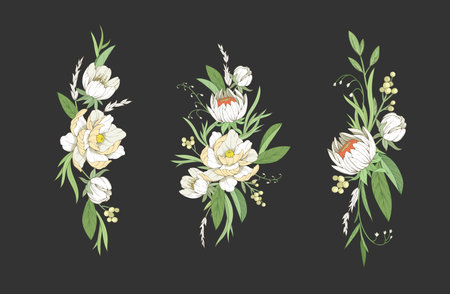 Botanic set of detailed various flowers and brunch. Luxury vintage floral collection for wedding invitation, wallpaper art or save the date cardのイラスト素材