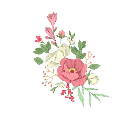 Botanic set of detailed various flowers and brunch. Luxury vintage floral collection for wedding invitation, wallpaper art or save the date cardのイラスト素材