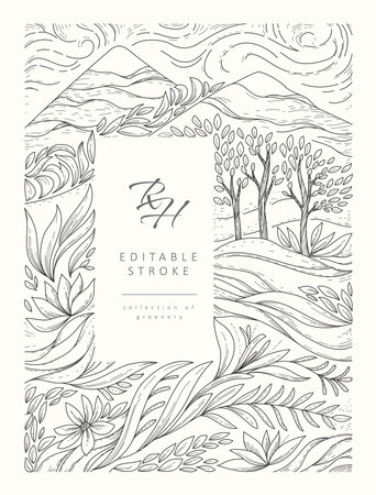 Detailed frame illustrated with landscape and floral elements. Luxury elegant brochure for wedding invitation, wallpaper art or save the date card. Editable stroke vectorのイラスト素材