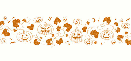 Happy halloween background or card template with hand drawn pumpkins and curly brunchのイラスト素材