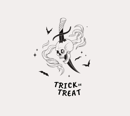 Happy Halloween illustration skull with sword. Hand drawn doodle or sticker compositionのイラスト素材