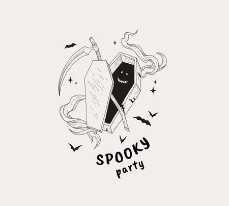 Happy Halloween illustration coffin with scythe. Hand drawn doodle or sticker compositionのイラスト素材