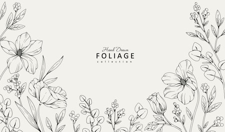 Floral bakground or wallpaper with tender flowers and leaves. Botanical foliage for wedding invitation or wall art. Vector illustrationのイラスト素材