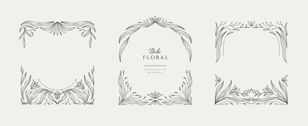 Retro floral frame or cover. Botanic design elements in wavy and naive style. Boho leaves branches and blooming print for poster, social media and packaging or greeting cardのイラスト素材