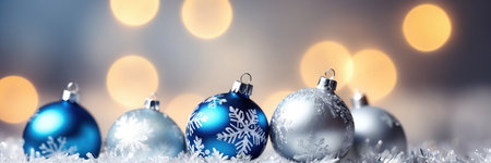 Christmas background with blue and silver baubles and bokeh lightsの素材