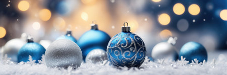 Blue and silver Christmas balls on snow with bokeh backgroundの素材