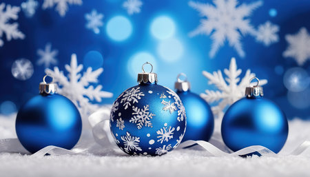 Blue christmas balls and snowflakes on bokeh backgroundの素材