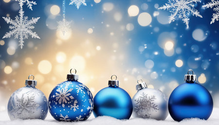 Blue christmas balls and snowflakes on bokeh backgroundの素材