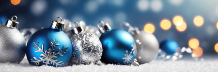 Christmas background with baubles on snow and bokeh lightsの素材
