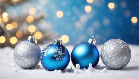 Blue christmas ornaments on snow with bokeh backgroundの素材