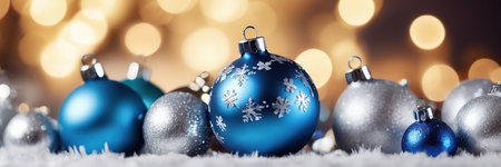 Blue and silver christmas baubles on bokeh backgroundの素材