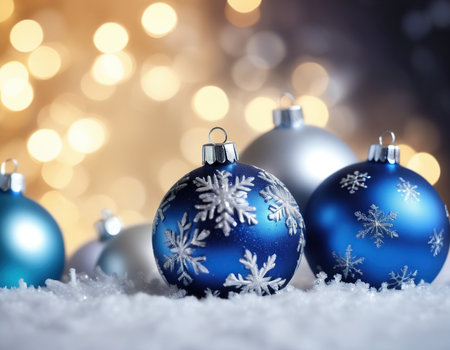 Blue christmas balls in snow with bokeh lights on backgroundの素材
