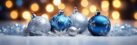 Christmas background with blue and silver baubles on bokeh backgroundの素材