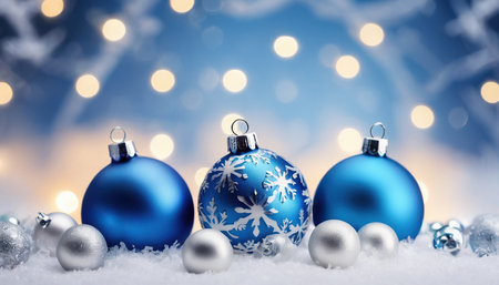 Christmas decoration with blue baubles on snow with bokeh backgroundの素材