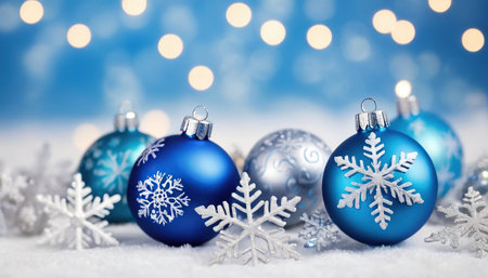 Christmas background with blue balls and snowflakes on bokeh backgroundの素材