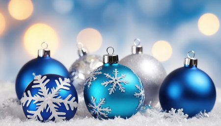 Blue christmas balls and snowflakes on bokeh backgroundの素材