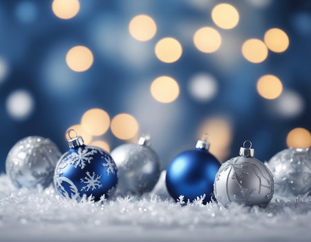 Christmas background with blue and silver baubles on bokeh backgroundの素材
