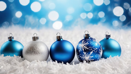 Christmas background with blue and silver balls on snow and bokehの素材