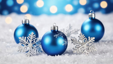 Blue christmas balls and snowflakes on snow with bokeh backgroundの素材