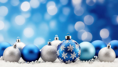 Christmas background with blue and silver baubles on snow and bokehの素材