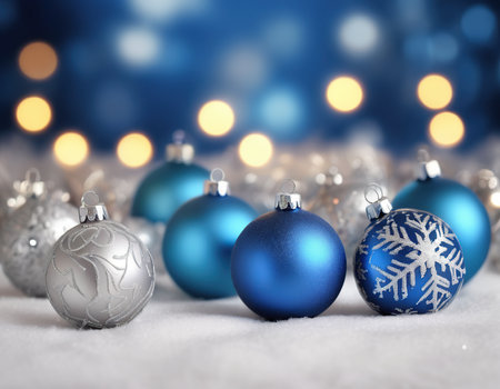Blue Christmas baubles on snow with bokeh lights backgroundの素材
