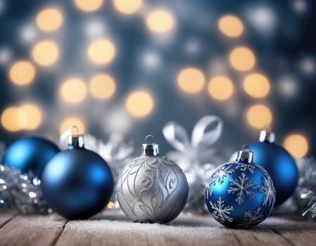 Christmas card with blue and silver baubles on bokeh backgroundの素材