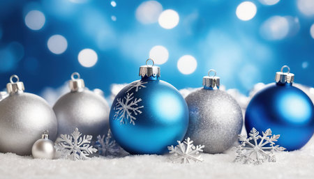 Christmas background with baubles and snowflakes on blue bokehの素材