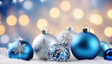 Blue and silver Christmas balls on bokeh background with snowの素材