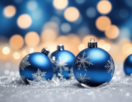Blue christmas balls with snowflakes on bokeh backgroundの素材