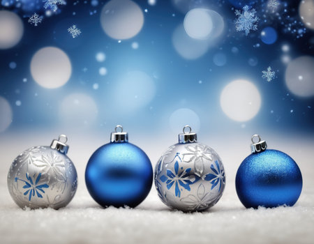 Blue christmas baubles on snow with bokeh backgroundの素材