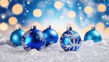 Blue christmas baubles on snow with bokeh backgroundの素材