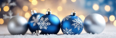 Blue christmas balls with snowflakes on bokeh backgroundの素材