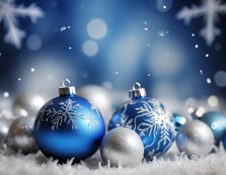 Blue christmas balls and snowflakes on snow with bokeh backgroundの素材