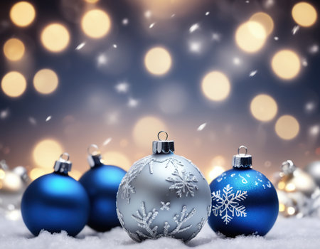 Blue christmas baubles on snow with bokeh backgroundの素材