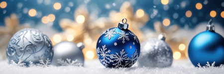 Christmas decoration on snow with bokeh background, winter holidays conceptの素材