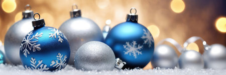 Blue and silver christmas baubles with bokeh backgroundの素材