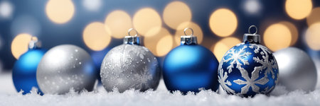 Blue christmas baubles on snow and bokeh backgroundの素材