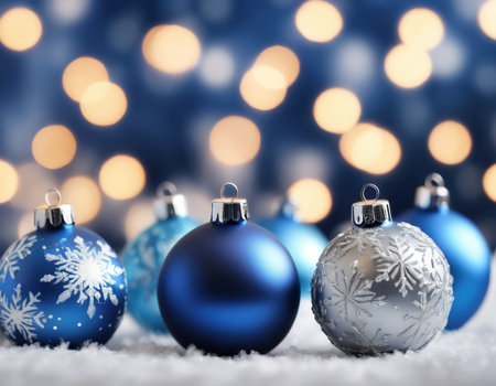 Blue christmas balls on snow with bokeh lights background.の素材