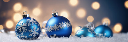 Blue christmas balls on snow with bokeh background 3D renderingの素材