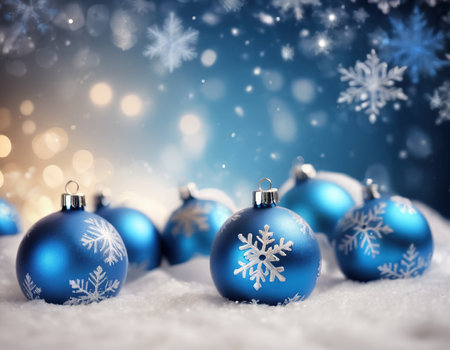 Blue christmas balls with snowflakes and bokeh backgroundの素材