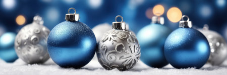 Blue christmas baubles on snow with bokeh backgroundの素材