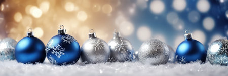 Christmas background with blue and silver baubles on snow - 3D renderの素材