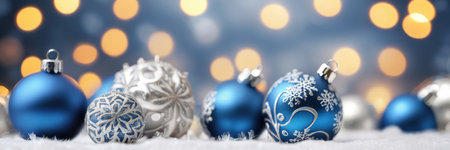 Christmas background with blue and silver decoration balls on bokeh backgroundの素材