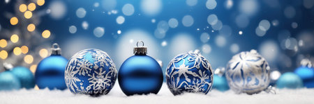 Blue Christmas baubles on snow with bokeh background 3D renderingの素材