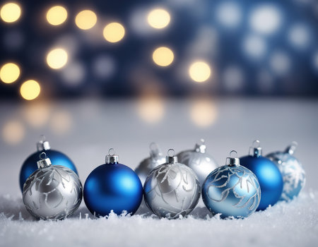 Blue and silver Christmas balls on snow with bokeh backgroundの素材